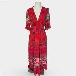 Hope & Ivy Red Floral Maxi Dress Womens 14 Sheer Ruffle Sleeve Chiffon Boho NWT